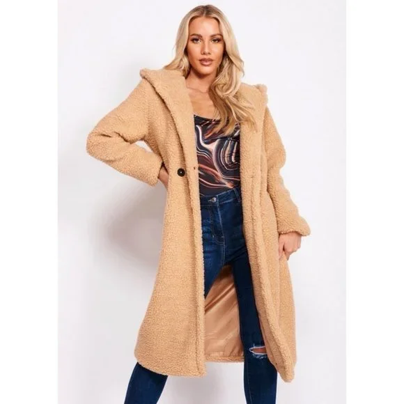 Camel Long Sleeve Hoodie Hooded Long Maxi Borg Teddy Bear Fur Coat - Picture 2 of 16